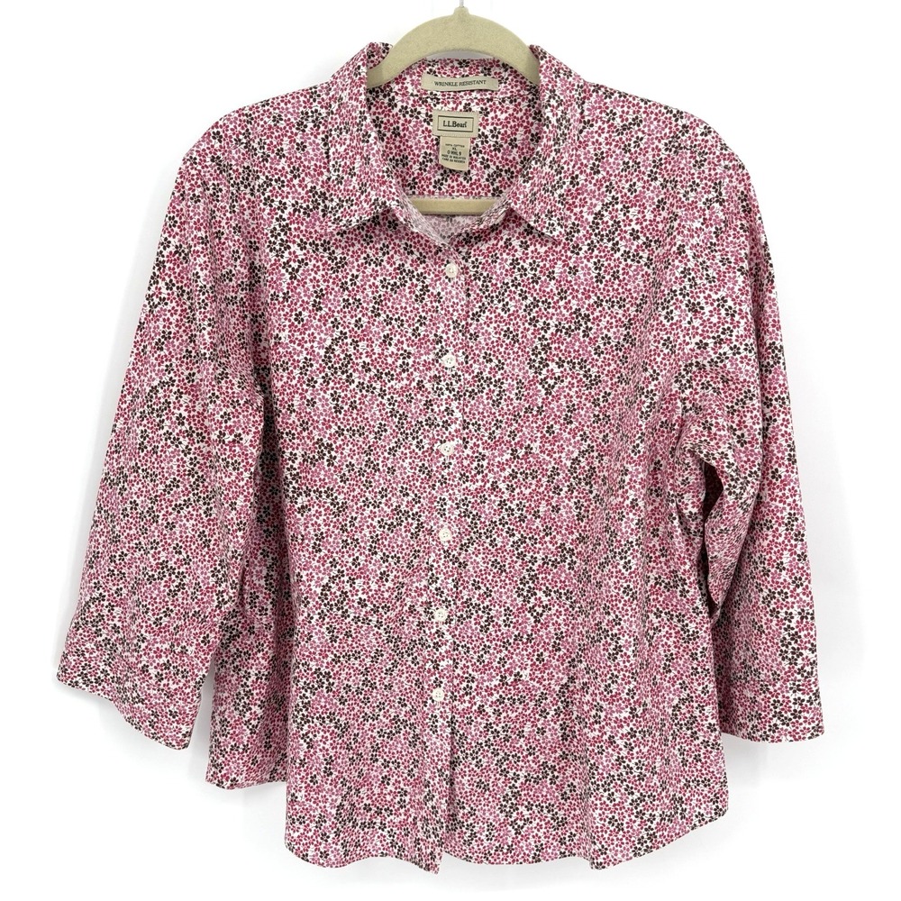 L.L. Bean Button Up Shirt XL Pink Floral Wrinkle Free 3/4 Sleeve Cotton Blouse
